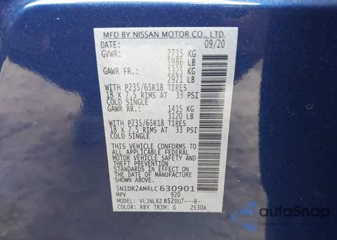 2020 Nissan Pathfinder S 4Wd z USA, uszkodzony, nr VIN 5N1DR2AM4LC630901